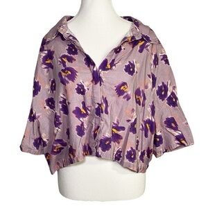 Open Edit Purple Floral Cropped Button Down Short Sleeve Women's Top